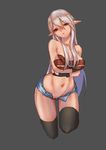  bare_shoulders belt beltbra breasts collarbone crossed_arms elf fingerless_gloves gloves grey_background hair_in_mouth half-closed_eyes highres large_breasts long_hair navel nipples original pointy_ears pussy red_eyes shiraha_(pixiv10239953) short_shorts shorts silver_hair simple_background solo thighhighs unbuttoned 