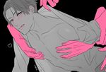  blush licking_lips looking_at_viewer male_focus male_hand monochrome multiple_boys muscle naughty_face spot_color tongue tongue_out undressing yaoi 