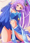  aokura_shou blue_choker choker cure_magical hat highres izayoi_liko kneeling long_hair looking_at_viewer magical_girl mahou_girls_precure! mini_hat mini_witch_hat navel no_panties precure purple_eyes purple_hair sapphire_(stone) sapphire_style smile solo wide_ponytail witch_hat 
