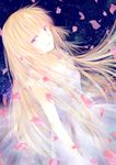  blonde_hair cherry_blossoms collarbone dress fuwa_aika highres lazy_orange long_hair looking_at_viewer purple_eyes sky solo star_(sky) starry_sky white_dress zetsuen_no_tempest 