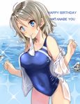  bare_shoulders blue_eyes breasts competition_swimsuit dress_shirt happy_birthday love_live! love_live!_sunshine!! mouth_hold okutomi_fumi one-piece_swimsuit shirt short_hair silver_hair solo swim_cap swim_cap_removed swimsuit watanabe_you 