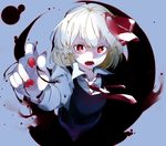  blonde_hair blood bloody_hands blue_background collared_shirt dress fang hair_ribbon highres ikurauni long_sleeves looking_at_viewer nail_polish outstretched_arm pinafore_dress purple_dress red_eyes red_nails red_ribbon ribbon rumia shirt short_hair simple_background solo teeth touhou upper_body white_shirt wing_collar 