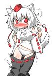  animal_ears bare_shoulders blush breasts detached_sleeves hat inubashiri_momiji kawara_hajime looking_at_viewer medium_breasts open_mouth panties pom_pom_(clothes) red_eyes ribbon-trimmed_sleeves ribbon_trim short_hair silver_hair simple_background solo tail tokin_hat touhou underwear white_background white_panties wide_sleeves wolf_ears wolf_tail 