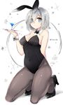  :&lt; alternate_costume animal_ears bare_shoulders black_bow black_footwear black_neckwear blue_eyes bow bowtie breasts bunny_ears bunny_girl bunnysuit cleavage closed_mouth collarbone covered_navel cup detached_collar drink drinking_glass expressionless fake_animal_ears full_body grey_legwear hair_over_one_eye hairband hamakaze_(kantai_collection) high_heels holding holding_tray kantai_collection kneeling large_breasts liquid looking_at_viewer pantyhose shijima_(sjmr02) shoes short_hair silver_hair simple_background solo tray tsurime white_background wrist_cuffs 