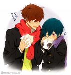  2boys blush brothers food gakuran gloves high_speed! kirishima_ikuya kirishima_natsuya male_focus matsurinnu multiple_boys scarf size_difference 