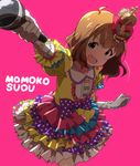  :d ahoge arm_up bad_id bad_pixiv_id blue_eyes blush bow brown_hair character_name cowboy_shot crown dress elbow_gloves foreshortening frilled_sleeves frills gloves hair_bow head_tilt holding holding_microphone idolmaster idolmaster_million_live! layered_dress looking_at_viewer microphone multicolored multicolored_clothes multicolored_dress open_mouth outstretched_arm pink_background polka_dot polka_dot_bow puffy_short_sleeves puffy_sleeves purple_bow red10 red_bow round_teeth short_hair short_sleeves simple_background smile solo standing suou_momoko tareme teeth v-shaped_eyebrows white_gloves 