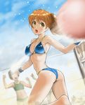  ass bat beach_volleyball bikini brown_hair chaborin long_hair motion_blur multiple_girls original ponytail swimsuit yellow_eyes 