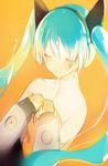  :d animal_ears aqua_hair blush bodysuit cat_ears closed_eyes detached_sleeves fake_animal_ears hairband hands_on_own_chest hatsune_miku long_hair long_sleeves lpip odds_&amp;_ends_(vocaloid) open_mouth orange_background simple_background smile solo twintails upper_body very_long_hair vocaloid 