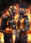  ayyh baseball_cap blonde_hair cleaners field_radio fire flamethrower gloves hat highres multiple_girls notepad oxygen_mask oxygen_tank pen red_eyes respirator short_hair tom_clancy's_the_division vest weapon 