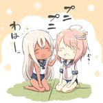  :d :t ^_^ blonde_hair blush_stickers cheek_pinching closed_eyes commentary_request engiyoshi flower grimace hair_ornament i-58_(kantai_collection) kantai_collection long_hair multiple_girls open_mouth pinching pink_hair ro-500_(kantai_collection) role_reversal school_swimsuit seiza short_hair sitting smile swimsuit swimsuit_under_clothes tan tanline tatami wavy_mouth 