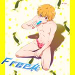  blonde_hair food free! hazuki_nagisa ice_cream male_focus penguin pink_eyes swim_briefs topless 