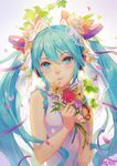  ahoge animal artist_name atdan bare_arms bare_shoulders blue_eyes blue_hair blush bug butterfly closed_mouth dress eyelashes flower grey_background hatsune_miku headphones heart heart-shaped_pupils highres holding holding_flower index_finger_raised insect ivy lips long_hair md5_mismatch plant purple_dress red_flower red_rose rose see-through simple_background sleeveless sleeveless_dress smile solo symbol-shaped_pupils tsurime twintails veil very_long_hair vocaloid w_arms 
