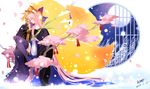  absurdly_long_hair animal_ears bell blue_legwear breasts cleavage detached_sleeves fate/extra fate/grand_order fate_(series) fox_ears fox_tail full_moon hair_ribbon highres japanese_clothes long_hair medium_breasts moon multiple_tails pink_hair puyue ribbon solo tail tamamo_(fate)_(all) tamamo_no_mae_(fate) very_long_hair yellow_eyes 