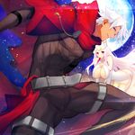  1girl bad_id bad_pixiv_id breasts cape cleavage crown dress_of_heaven emiya_kiritsugu emiya_kiritsugu_(assassin) fate/grand_order fate_(series) full_moon hood huge_breasts husband_and_wife irisviel_von_einzbern irisviel_von_einzbern_(caster) legacy_zechs long_hair moon red_eyes short_hair white_hair 