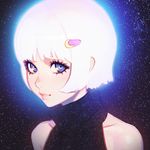  bangs bare_shoulders blue_eyes blunt_bangs closed_mouth collarbone commentary crescent crescent_hair_ornament glowing glowing_hair hair_ornament hairclip ilya_kuvshinov lips looking_at_viewer moon original personification portrait short_hair sleeveless smile solo space star_(sky) starry_sky_print turtleneck upper_body white_hair 