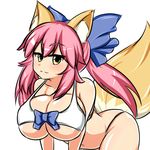  all_fours animal_ears bikini breasts collarbone fate/extra fate_(series) fox_ears fox_tail hair_ribbon large_breasts long_hair looking_at_viewer moyashi_udon navel pink_hair ribbon simple_background solo swimsuit tail tamamo_(fate)_(all) tamamo_no_mae_(fate) underboob white_background yellow_eyes 