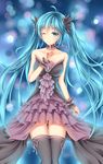  black_legwear blue_eyes blue_hair collar dress frilled_dress frills hair_ornament hatsune_miku highres index_finger_raised long_hair one_eye_closed ribbon-trimmed_legwear ribbon_trim smile solo strapless strapless_dress thighhighs twintails very_long_hair vocaloid wsman 