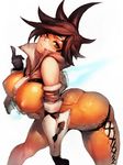  arched_back ass bent_over black_gloves bodysuit breasts brown_eyes brown_hair closed_mouth covered_nipples cross-laced_clothes elbow_gloves expressionless fumio_(rsqkr) fur_trim gloves index_finger_raised large_breasts looking_at_viewer orange_bodysuit overwatch short_hair simple_background skin_tight solo spiked_hair tracer_(overwatch) white_background 