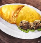  dungeon_meshi food leaf mandrake no_humans omelet plate ryuryo signature 