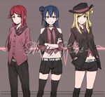  arms_behind_back black_legwear blonde_hair blue_hair brown_eyes choker grey_background grin group_name guilty_kiss_(love_live!) hair_bun hair_ornament hairclip hands_in_pockets hat highres long_hair love_live! love_live!_sunshine!! multiple_girls navel necktie ohara_mari over-kneehighs pants purple_eyes red_hair sakurauchi_riko short_shorts shorts smile thighhighs tsushima_yoshiko yellow_eyes yohan1754 