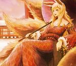  animal_ears architecture artist_name bangs bell blonde_hair blush breasts cleavage east_asian_architecture fox_ears fox_tail fur_trim green_eyes hair_ornament hoshii_miki idolmaster idolmaster_(classic) japanese_clothes jingle_bell kimono large_breasts leaning_back long_hair long_sleeves multiple_tails obi off_shoulder oriental_umbrella parted_lips rope ryuryo sash signature sitting sky solo swept_bangs tail umbrella 