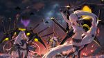  3girls 5555_96 arm_up azur_lane bangs bare_shoulders barefoot black_gloves black_sky boots breasts cannon character_request crop_top dress eyebrows_visible_through_hair gloves hair_between_eyes hand_on_hip highres long_hair looking_at_viewer multicolored multicolored_sky multiple_girls navel neckerchief night observer_alpha_(azur_lane) ocean open_mouth orange_sky pointing pointing_up rigging short_shorts shorts silver_hair siren_(azur_lane) siren_purifier_(azur_lane) sitting sky small_breasts smile star_(sky) starry_sky tester_beta_(azur_lane) thigh_boots thigh_strap thighhighs turret very_long_hair yellow_eyes yellow_neckwear 