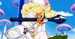  1girl 80s animated animated_gif blonde_hair dragon_ball lunch_(dragon_ball) money outdoors rocket_launcher thief weapon 
