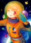  :p astronaut blonde_hair free! hazuki_nagisa male_focus pink_eyes space wink 