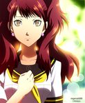  artist_name brown_eyes brown_hair collarbone commentary copyright_name earrings jewelry kujikawa_rise long_hair looking_at_viewer megami_tensei persona persona_4 regenald88 school_uniform signature solo 