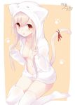  animal_hood blonde_hair bottomless breasts cat_tail cleavage hood medium_breasts navel no_bra open_clothes original parted_lips red_eyes ribbon sidelocks sitting solo tail tail_ribbon takehana_note tears thighhighs wariza white_legwear 