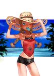  armpits bare_shoulders black_shorts blonde_hair blue_eyes blue_sky braid breasts cowboy_shot dappled_sunlight day drawstring dudou food food_in_mouth gunni hair_tie halter_top halterneck hands_up legs_apart long_hair looking_to_the_side midriff mouth_hold ocean one_eye_closed original popsicle shade shorts sky small_breasts solo summer sunlight sweat tree twin_braids twintails underwear 