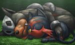  absurdres cat closed_eyes closed_mouth cuffs dappled_sunlight dog fang fang_out gen_2_pokemon gen_7_pokemon grass highres houndour hug litten looking_at_another no_humans on_ground one_eye_closed pokemon pokemon_(creature) red_eyes shade sleeping sunlight t@kuyoa yellow_sclera 
