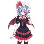  alternate_costume bat_wings black_legwear blue_hair cowboy_shot criss-cross_halter cross-laced_clothes frilled_skirt frills halter_top halterneck hat junior27016 lolita_fashion miniskirt mob_cap pointy_ears puffy_short_sleeves puffy_sleeves red_eyes remilia_scarlet short_hair short_sleeves simple_background skirt smile solo thighhighs touhou white_background wings wrist_cuffs zettai_ryouiki 