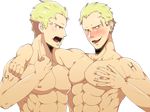  2boys abs bara blonde_hair blush male_focus multiple_boys muscle naughty_face pecs persona piercing scar tatsumi_kanji teeth topless 