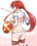  ass boudica_(fate/grand_order) breasts elbow_pads fate/grand_order fate_(series) fue_(rhomphair) green_eyes holding holding_shield holding_sword holding_weapon juliet_sleeves large_breasts long_hair long_sleeves looking_at_viewer looking_back open_mouth puffy_sleeves red_hair shield shrug_(clothing) smile solo sparkle sword thigh_strap twitter_username weapon 