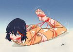  arms_behind_back barefoot bdsm black_hair bondage bound cleave_gag cloth_gag gag gagged highres hogtie improvised_gag kill_la_kill life_fiber lost_one_zero matoi_ryuuko multicolored_hair pajamas red_hair short_hair solo tied_up two-tone_hair 