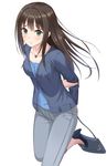  arms_behind_back bag blue_jacket blue_shirt blush brown_hair buttons collarbone eyebrows eyebrows_visible_through_hair eyelashes grey_pants hand_on_own_arm handbag holding_arm idolmaster idolmaster_cinderella_girls jacket jewelry leg_up long_hair long_sleeves looking_at_viewer necklace pants pendant shibuya_rin shirt simple_background solo tamakaga tsurime walking white_background 