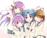  blue_hair brown_hair clannad closed_eyes fujibayashi_kyou fujibayashi_ryou furukawa_nagisa hair_bobbles hair_ornament ichinose_kotomi long_hair multiple_girls purple_eyes purple_hair school_uniform serafuku short_hair twintails two_side_up usami_wataru 