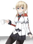  absurdres anchor bad_id bad_pixiv_id bangs blonde_hair blue_eyes breasts capelet coffee_mug commentary_request cup doyagao graf_zeppelin_(kantai_collection) hair_between_eyes highres holding holding_cup jacket kantai_collection large_breasts leaning_on_object long_hair looking_at_viewer military military_uniform miniskirt moyoron mug pantyhose pleated_skirt skirt smile smug solo sparkle troll_face twintails uniform white_capelet 