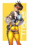 absurdres ass ass_support back bangs black_hair bodysuit border brown_hair character_name closed_mouth clothes_writing cross-laced_clothes earrings from_below gloves glowing goggles hands_on_hips highres jacket jewelry looking_at_viewer looking_back orange_bodysuit overwatch shigatsugata short_hair skin_tight smile solo swept_bangs thigh_strap tracer_(overwatch) white_border yellow_background 