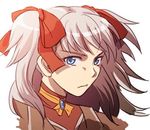  belt blue_eyes bow brown_hair choker closed_mouth coat dress face hair_ribbon long_hair lowres raquel_applegate ribbon solo twintails two_side_up white_background wild_arms wild_arms_4 