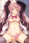  1girl arms_up blush bow bow_panties bra bra_pull breasts censored condom cum cum_on_body hair_ornament hair_scrunchie heart heart_censor hetero jpeg_artifacts lying mosaic_censoring navel on_back on_bed panties panties_aside penis penis_in_panties pink_hair pink_panties purple_eyes ryo scrunchie small_breasts solo_focus spread_legs tears underwear used_condom 