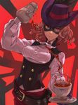  belt breasts brooch brown_hair buckle closed_mouth cowboy_shot cravat cup dress_shirt drink dutch_angle framed_breasts gloves hat hat_ribbon hayami_ritsu highres holding holding_plate jewelry long_sleeves looking_at_viewer mask medium_breasts okumura_haru outstretched_arms persona persona_5 plate pouring purple_hat red_background red_eyes ribbon saucer shirt short_hair smile solo tea teacup teapot vest white_shirt 