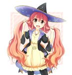  aki_inu atelier_(series) atelier_escha_&amp;_logy black_legwear bunching_hair hair_grab hat jewelry long_hair looking_at_viewer necklace pantyhose pink_hair print_hat red_eyes skirt smile solo star star_print wilbell_voll=erslied witch_hat yellow_skirt 