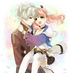  1girl :d atelier_(series) atelier_escha_&amp;_logy bad_id bad_pixiv_id bracelet braid brown_eyes brown_skirt carrying cowboy_shot escha_malier green_eyes hat jewelry logix_ficsario looking_at_another multicolored multicolored_background open_mouth pink_hair princess_carry sasamaru_chimaki short_hair skirt smile tail thighhighs twintails white_hair white_legwear 