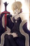  artoria_pendragon_(all) blonde_hair breasts cape cleavage dark_excalibur elbow_gloves fate/grand_order fate/stay_night fate_(series) fur-trimmed_cape fur_coat fur_trim gloves looking_at_viewer medium_breasts pale_skin saber_alter short_hair solo takashima_saki thighhighs thighs window yellow_eyes 