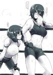  abs bike_shorts girls_und_panzer gloves greyscale hand_on_hip hands_on_own_knees hands_on_own_thighs looking_at_another midriff monochrome multiple_girls nishizumi_maho nishizumi_miho short_hair siblings sisters sports_bra sweat tobisawa towel 