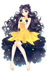  anklet bare_legs barefoot bishoujo_senshi_sailor_moon black_hair blue_eyes bow bracelet choker crescent crescent_earrings double_bun earrings full_body hair_ornament hairpin highres jewelry long_hair luna_(sailor_moon) luna_(sailor_moon)_(human) md5_mismatch personification rei_(usabiba) simple_background skirt smile solo white_background yellow_bow yellow_choker yellow_skirt 
