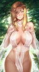  areolae bare_shoulders blonde_hair blue_eyes breasts detached_sleeves dress fingerless_gloves gloves groin large_breasts loincloth long_hair looking_at_viewer nipples original pelvic_curtain pointy_ears see-through sgk smile solo white_dress white_gloves 