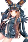  1girl amashiro_natsuki bad_id bad_pixiv_id brown_hair cable commentary_request goggles heart helmet highres iona_(last_period) jacket last_period long_hair looking_at_viewer navel neckerchief orange_eyes outstretched_arms sailor_collar smile solo unworn_goggles unzipped white_background zipper 